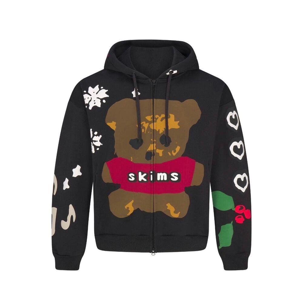 NWT SKIMS Heavy Fleece Zip Up Hoodie Onyx Teddy Bear Print XL
